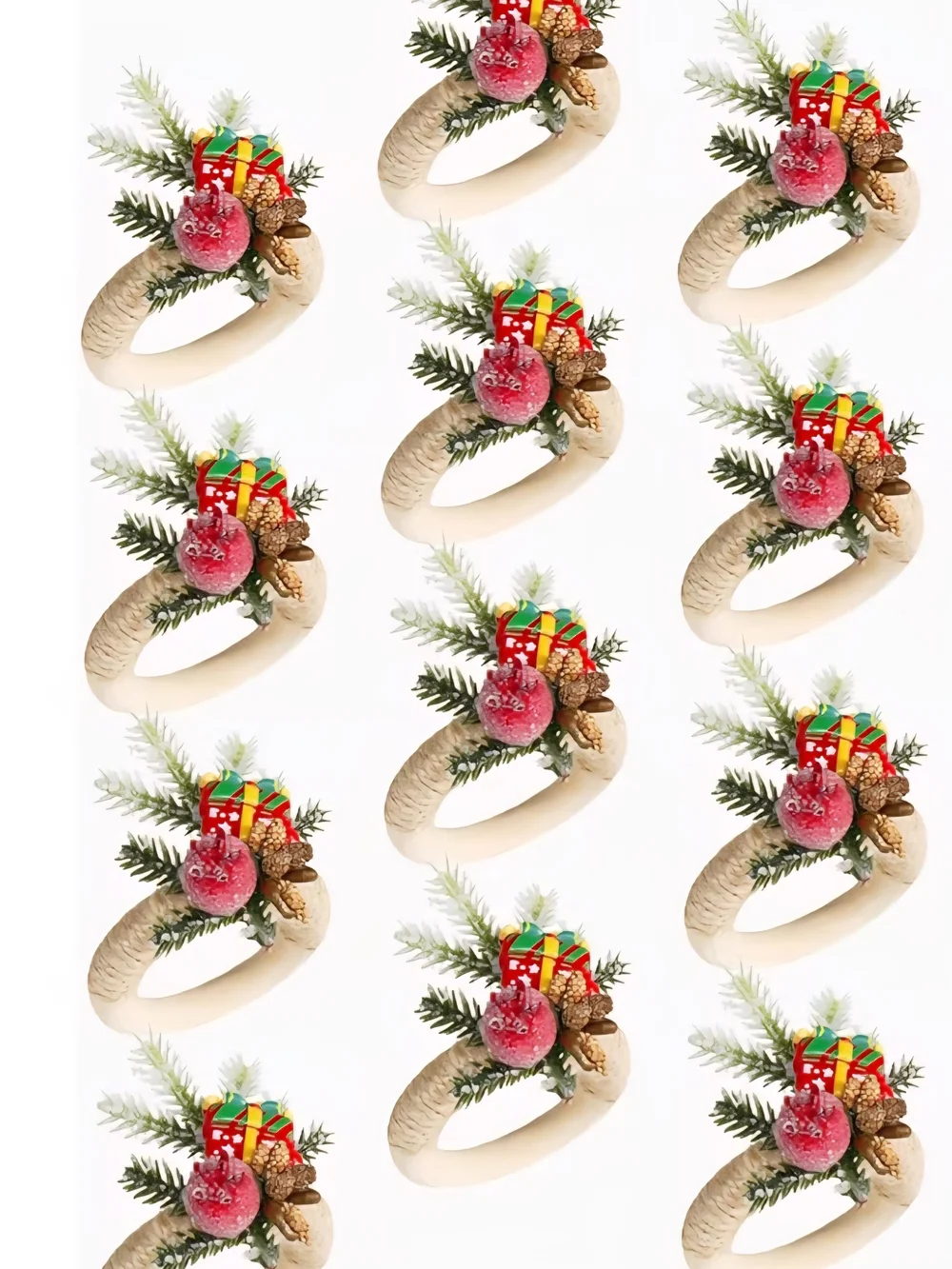 Festive Holiday Napkin Rings with Red Berry & Green Sprigs. 12 Piece Set. NEW.